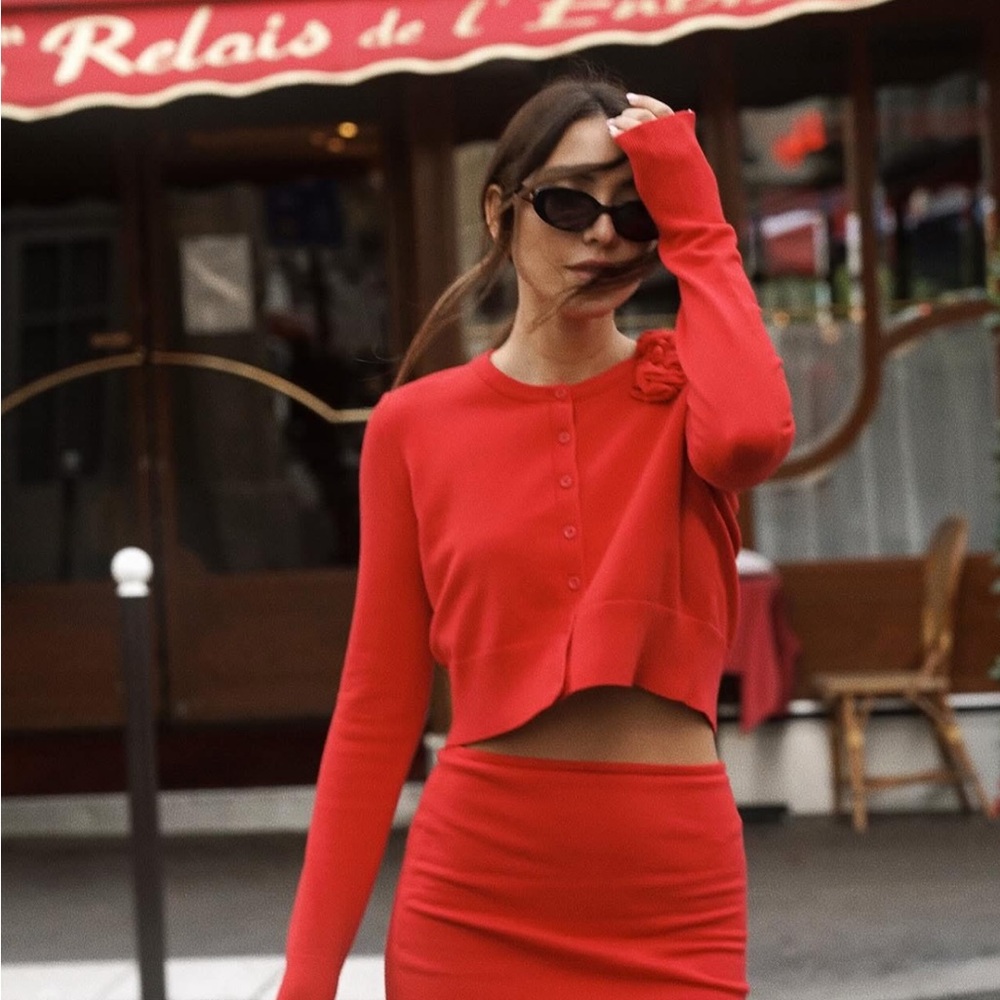 Chic Red Button-Up Crop Top and Skirt Set